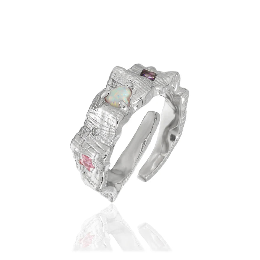 Silver Jewelry Wholesales CZ Moonstones Wave Ring Modern Colorful CZ Irregular Wide 925 Sterling Silver Adjustable Ring