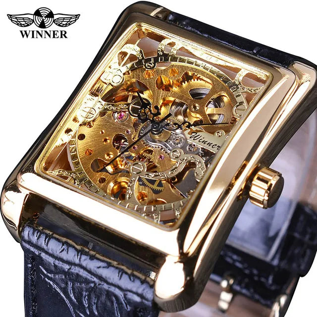 Winner Watch Retro Casual Series Rectangle Dial Design Gold Pattern Hollow Skeleton Men Mechanical Wristwatches Men Watch Reloj