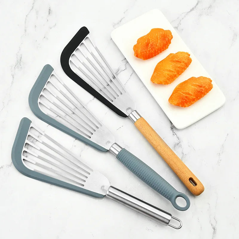 Home Kitchen Stainless Steel Silicone Fish Steak Spatula with Wood Handle