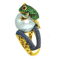 Wholesale Price Luxury Gold Plated Pearl Green Cubic Zirconia Cute Frog Jewelry Ring for Women or Men