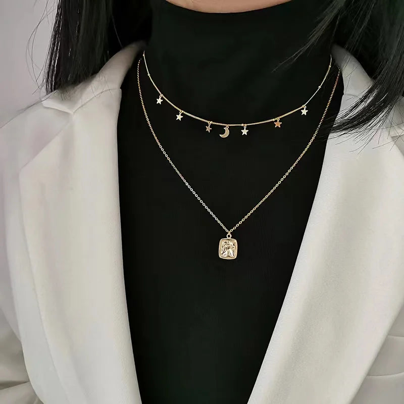 Fashion Jewelry 925 Sterling Silver Moon and Star square Pendant Necklace 18K Gold Plated Chain Necklaces for Women