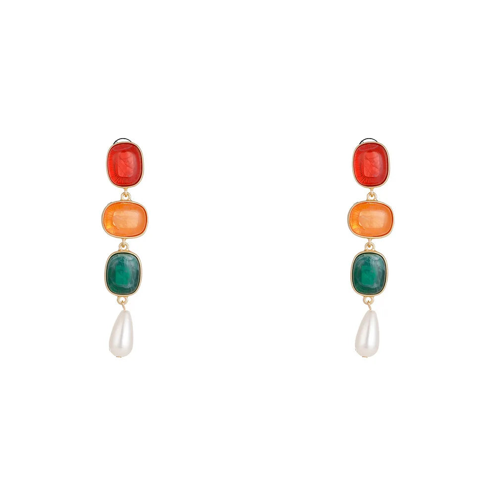 Vintage Water Drop Baroque Pearl Dangle Earrings Colorful Onyx Glass Stone Geometric Earrings Wholesale