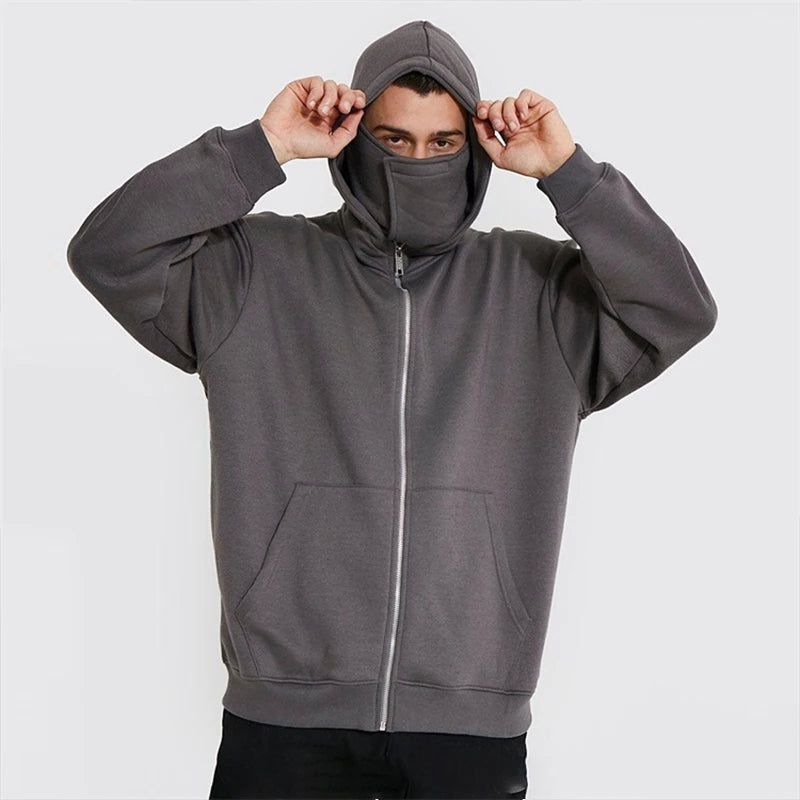 Custom logo High Quality Blank Heavy Weight Hoodie Oversize Ninja Zip up Face Cover Hoodie for Men