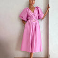 Enyami Romantic Summer Autumn Chic Elegant Pink Vestidos Women Casual Short Puff Sleeve V Neck A-line Midi Dress