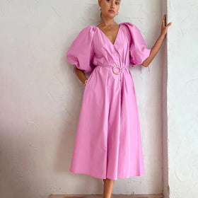 Enyami Romantic Summer Autumn Chic Elegant Pink Vestidos Women Casual Short Puff Sleeve V Neck A-line Midi Dress