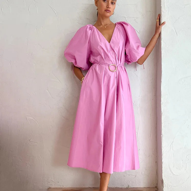 Enyami Romantic Summer Autumn Chic Elegant Pink Vestidos Women Casual Short Puff Sleeve V Neck A-line Midi Dress