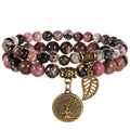 Natural Semi Precious Gemstone Beads Bracelet for Women Tree of Life and Leaf Charm Chakra Energy Healing Stretch Bracelet