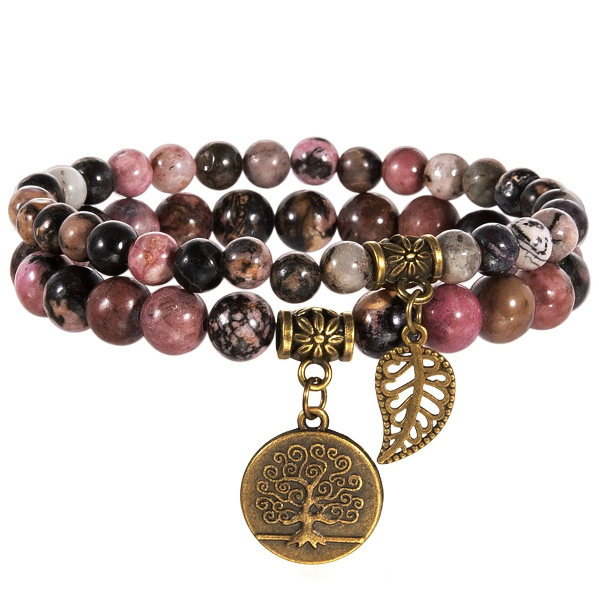 Natural Semi Precious Gemstone Beads Bracelet for Women Tree of Life and Leaf Charm Chakra Energy Healing Stretch Bracelet