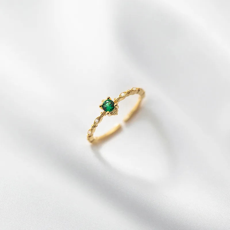 925 Sterling Silver Adjustable Open Ring Gold Plated Small Green Cubic Zirconia Finger Rings Fashion Jewelry for Women