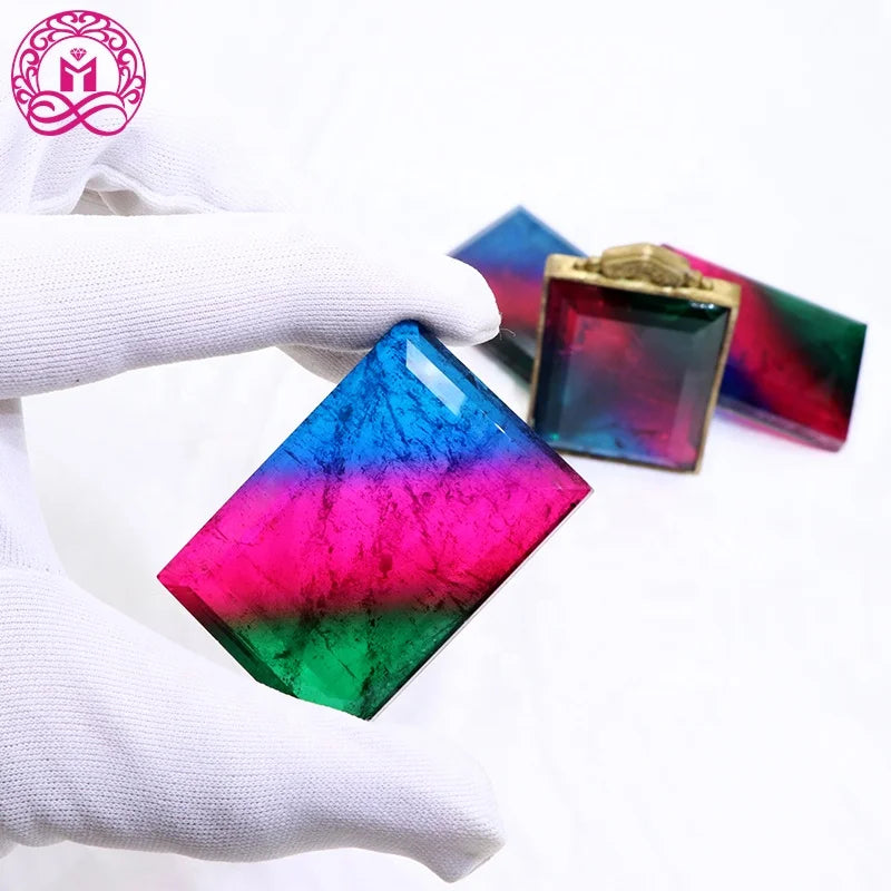 Natural Crystal Rectangle 35x50mm Mineral Gemstones Red Green Blue Mix Color Synthetic Tourmaline Quartz Material