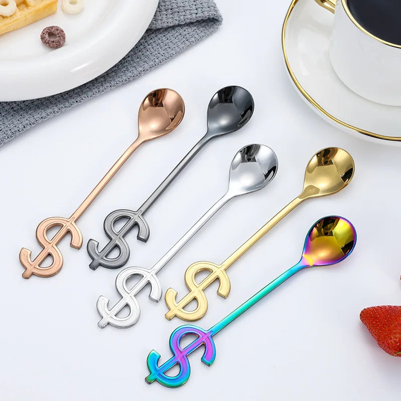 Creative Dollar Shaped Handle Stainless Steel Coffee Spoon Flatware Tea Spoon Silverware Long Handle Stirring Spoon Cutlery