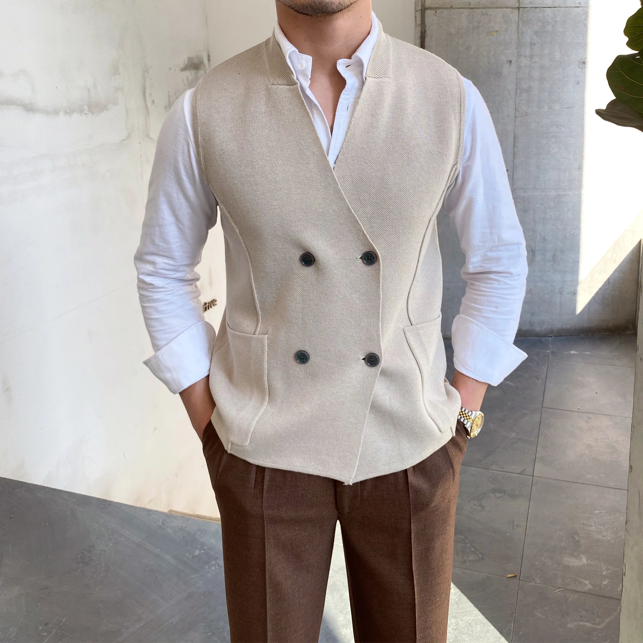 Men's Slim-Fit All-Match Double-Breasted Wool Vest V-Neck Three-Season Waistcoat With Knitted Sleeveless Design Autumn Winter