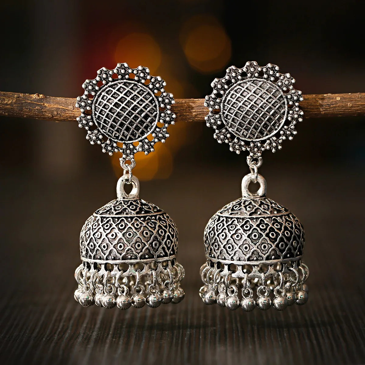 Vintage Silver Lantern Tassel Palace Earrings Big Sunflower Jhumka Indian Oxidized Earrings Gold Plated for Weddings