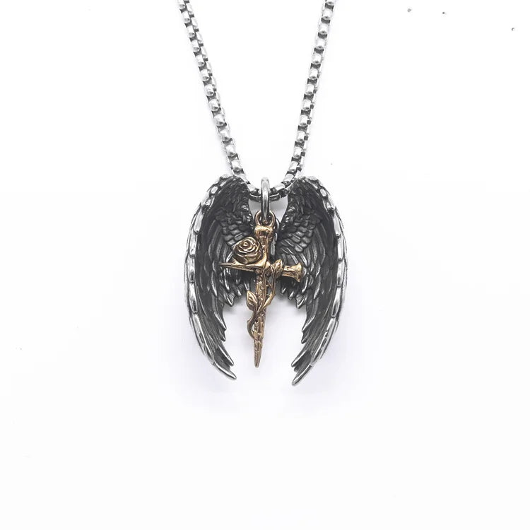 Punk Rock Jewelry Vintage Gold Plated Stainless Steel Wing Flower Cross Necklace
