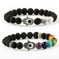 Devil Eye Bracelet Set Hamsa & 7 Chakra Gemstone Lava Stone Blue Eye Bangle Classic Style Hand Charm for Men & Women Anniversary