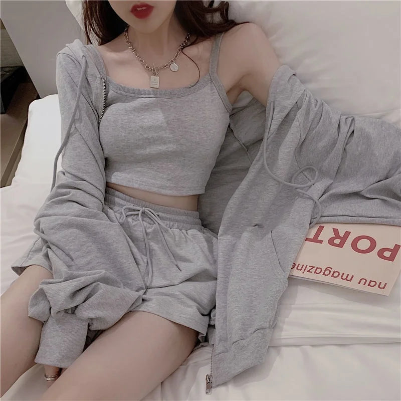 Loungewear Women 3 Pieces Summer Sleepwear Ensembles De Pyjama Nightgown Suits With Shorts Home Wear Room Ware 2023