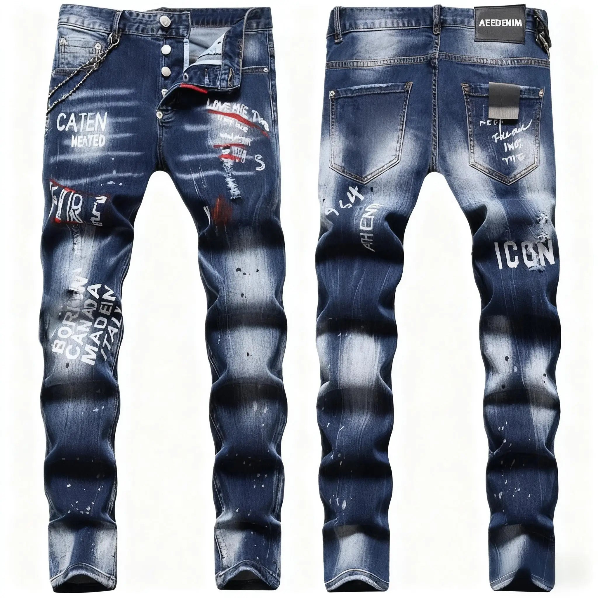 New Arrival Customize OEM Logo Hole Digital Printing Decorative Chain Trendy Brand Denim Trousers Men's Trousers Handsome Jeans