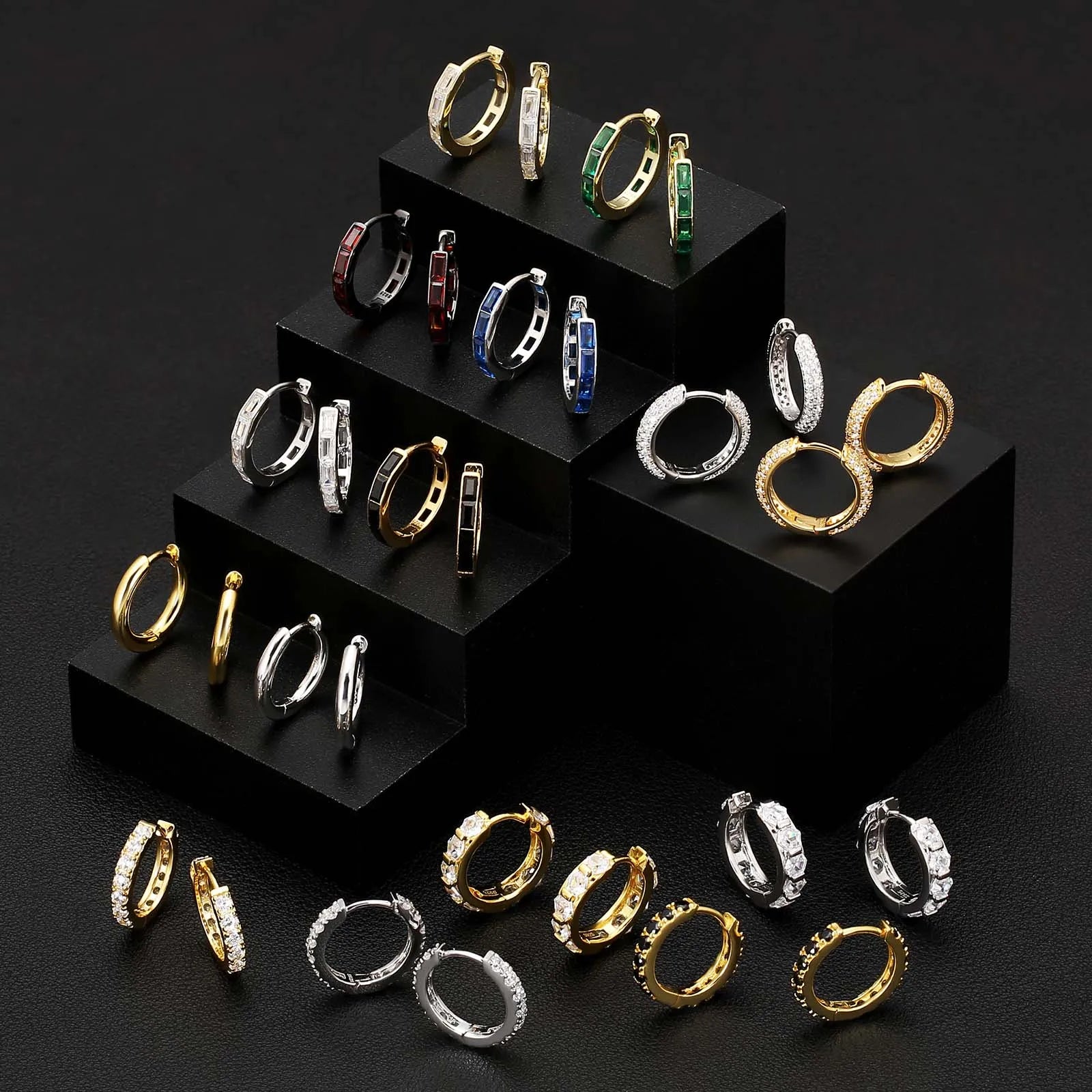 KRKC 925 Sterling Silver Gold Iced Out 5A CZ Huggie Mens Hoop Earrings for Men Women