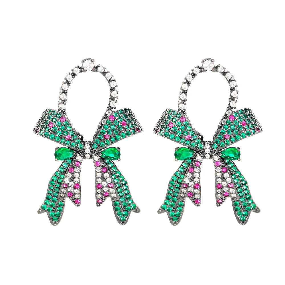 Black Gold Plated Green Cubic Zircon Christmas Gift Bowknot Bow Ribbon Stud Fashion Drop Earrings for Women Girls Party Jewelry