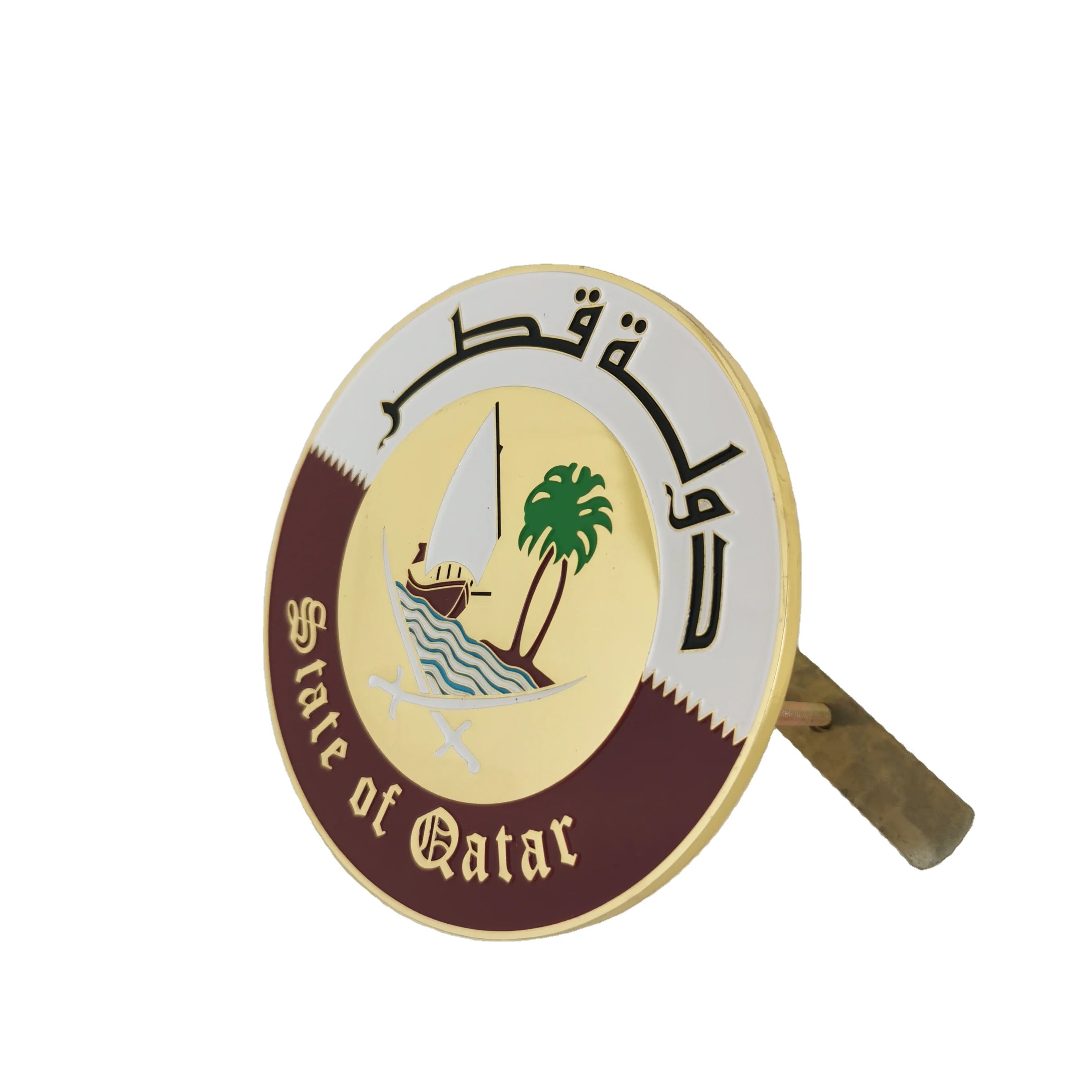 Free Mould Custom Qatar National Emblem logo Metal Enamel Car Chrome Badge Round Car Emblem for State of Qatar Souvenir Gifts