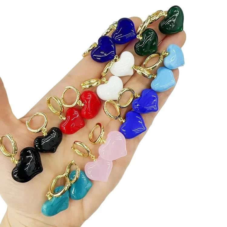 EG1032 Chic 18k Gold Plated Multi Colored Lampwork Glass Red Puffy Bubble Heart Dangle Charm Huggie Hoop Earrings