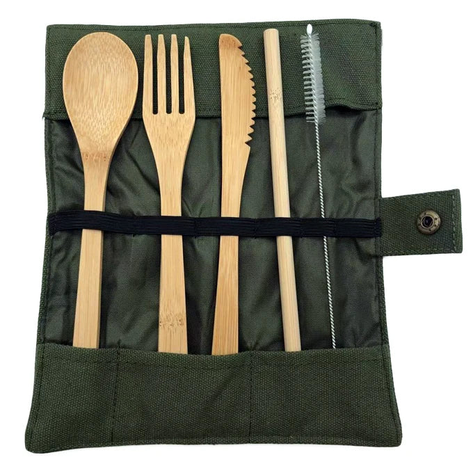 Cheap Price Outdoor Reusable Portable Utensil 6 Piece Spoon Fork Knife Travel Bamboo Cutlery Set With Canvas Packing Bag