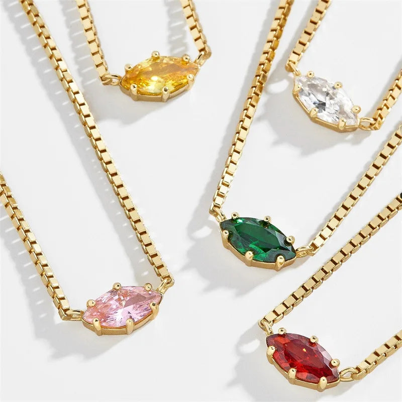 Birthday Horse Eye Diamonds Pendant Necklace Copper Plated Gold Women  Brass Box Chain Zircon Birthstone Necklace