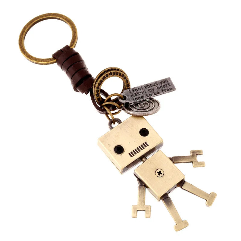 Punk Rock Style Mens Keyholder Retro Antique Gold Bronze Movable Robot Keychains for Boys