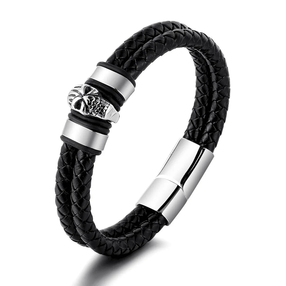 Vintage Punk Men Magnetic Hand Jewelry Simple Handmade Woven Braided Titanium Stainless Steel Wing Skull Leather Bracelet