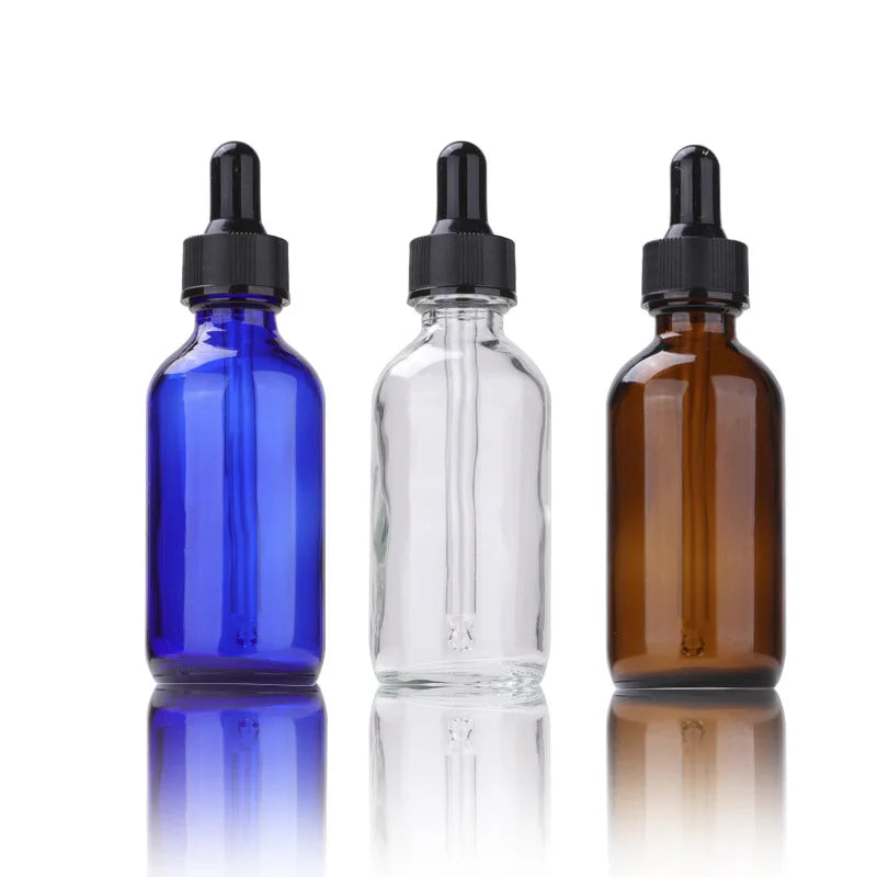 Empty Cosmetic Packaging 2oz 60ml Boston Shape Transparent Amber Blue Glass Essential Oil Dropper Bottle