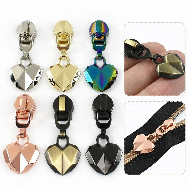 Deepeel XP074 Custom Nylon Zippers Clothes Jackets Zips Head Repair Accessory 5# Heart-Shaped Alloy Zipper Slider for Nylon Zip