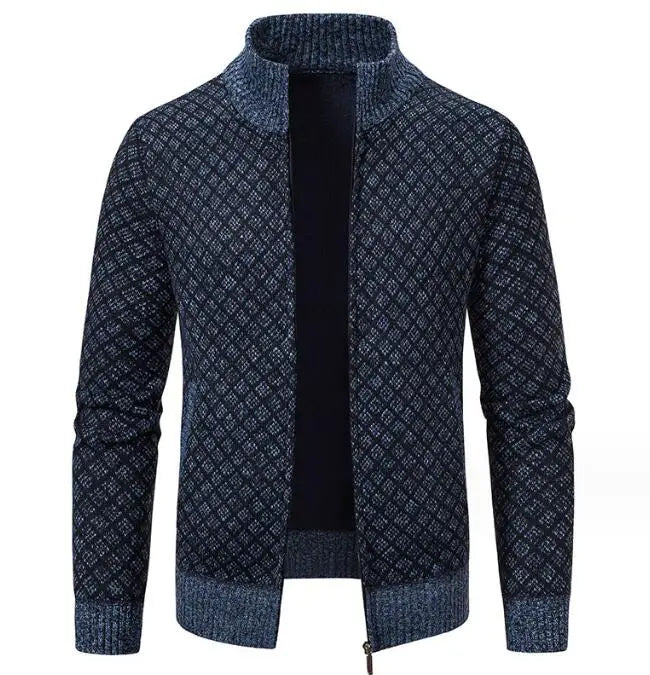 Autumn Winter Warm Sweater Men Stand Collar Plaid Zipper Coat Stand Collar Man Casual Cardigan Sweater Knit Jacket