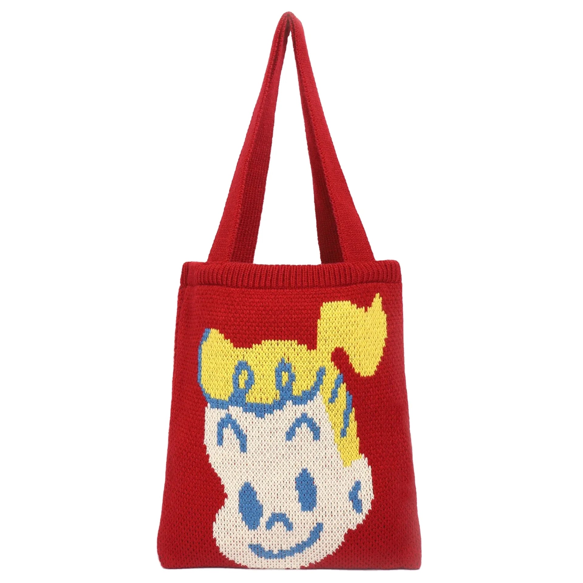Custom Printed Ladies Crochet Knitted Tote Hand Bag Cute Girl Design Portable Shoulder for Fall Winter Spring Summer Open