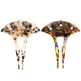 Vintage Women Hair Accessories Flower Decorated Comb Hair Fork Leopard-print Acetate Hair Combs Clips With Pearl