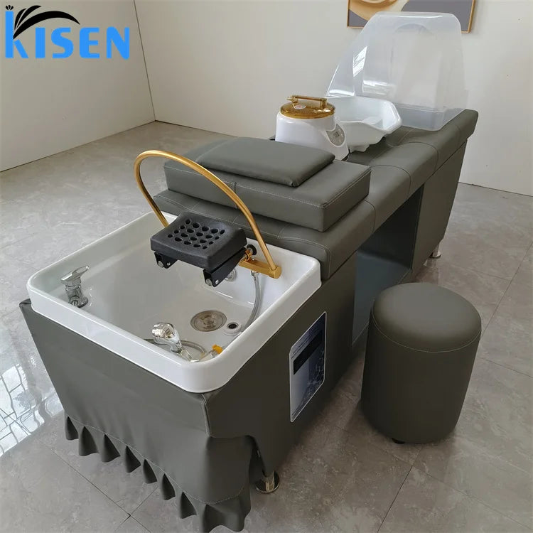 KISEN Modern Luxury PU Leather Hair Washing Water Circulation Massage Chair Table Shampoo Bed for Hair Beauty Salon Thai Style