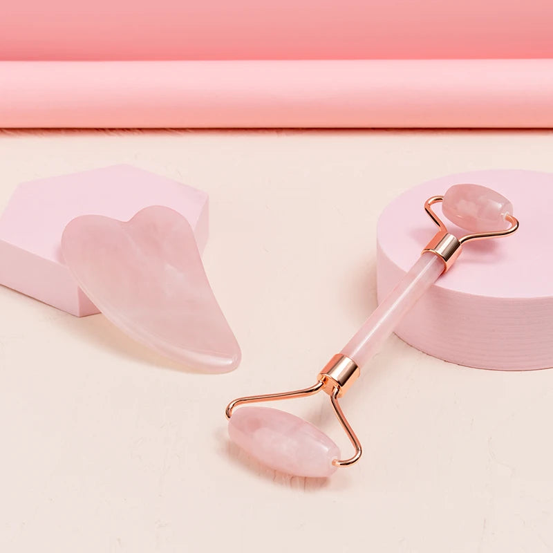 Natural Stone Rose Quartz Jade Roller Gua Sha Set Facial Massage Beauty Skincare Tools