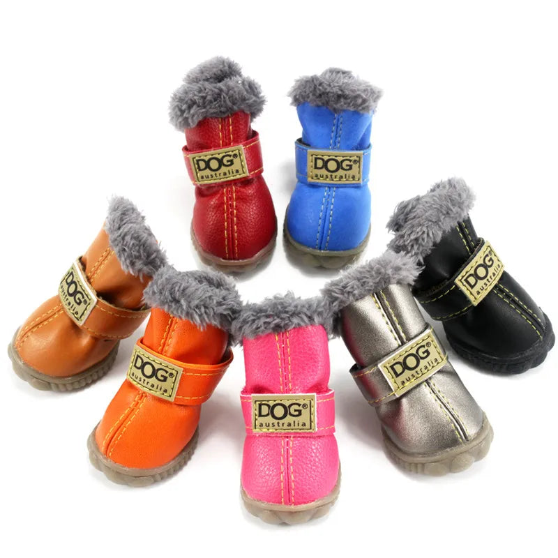 Winter Waterproof Fur Pet Dog Non-slip Bottom PU Shoes Warm Snow Boots 4Pcs/Set for Large Dogs