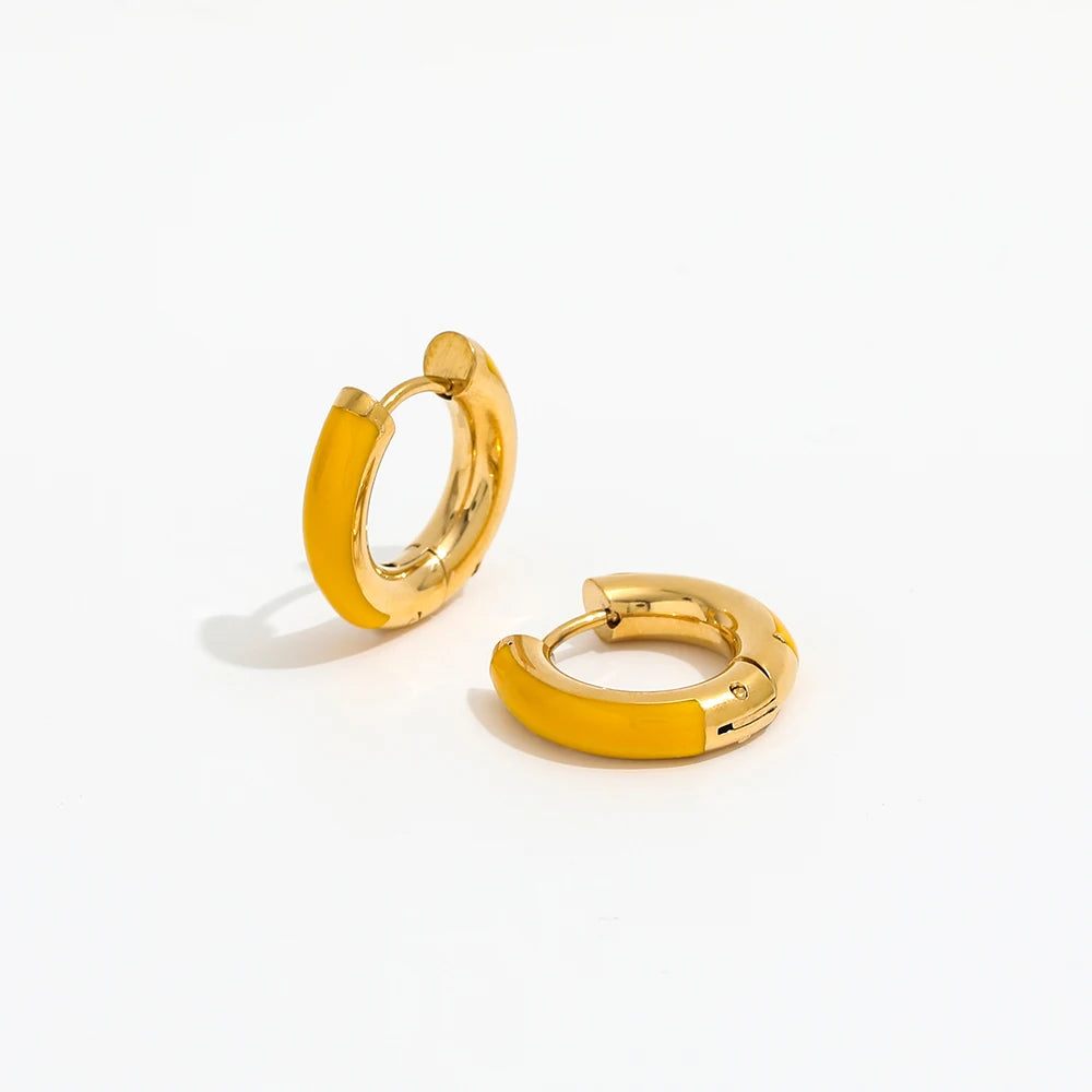 High End PVD 18K Gold Plated Basic Yellow Epoxy Huggie Earrings Stainless Steel Jewelry Wholesale