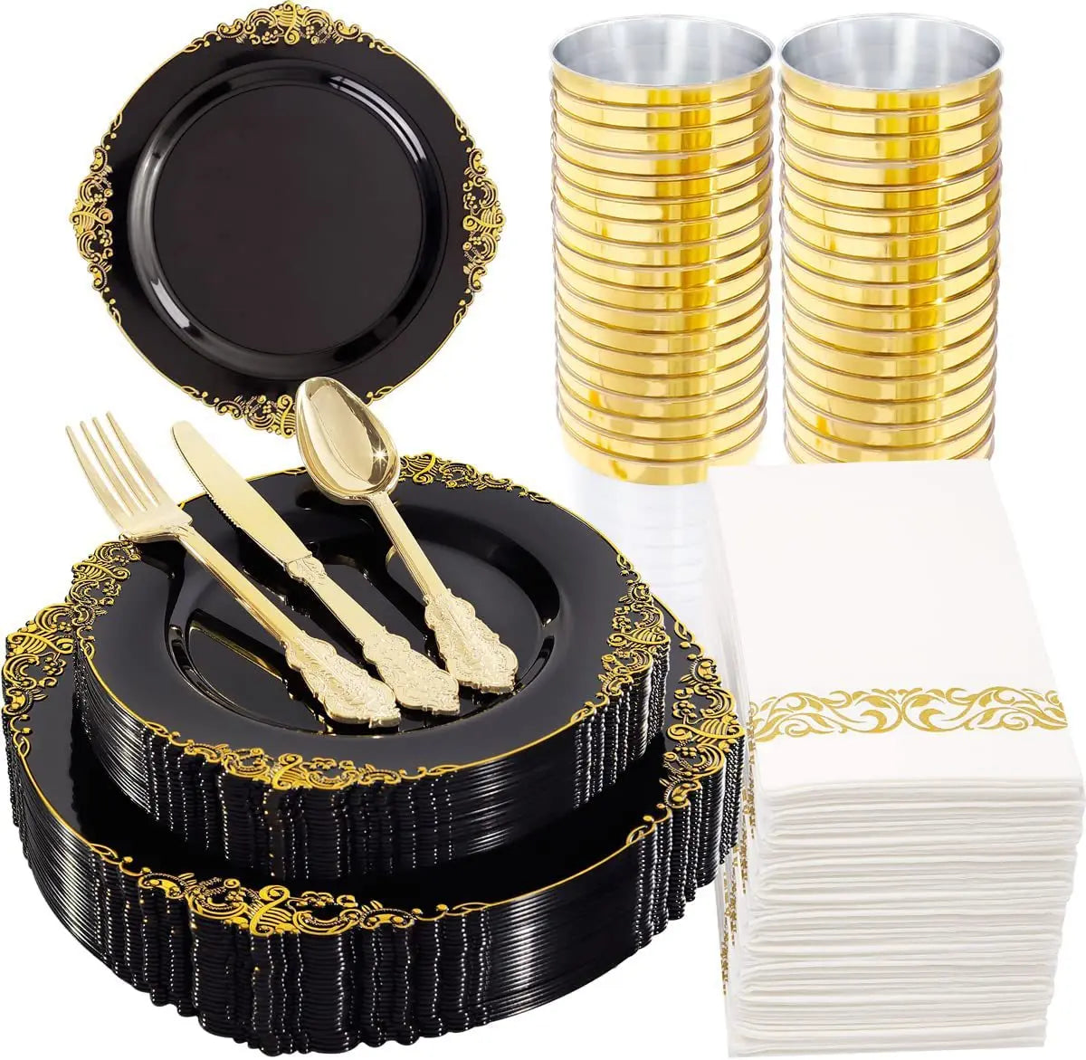 Ychon Disposable Tableware Set Dark Gold Plastic Party Tableware Supplies Disposable Paper Plates Tableware Set