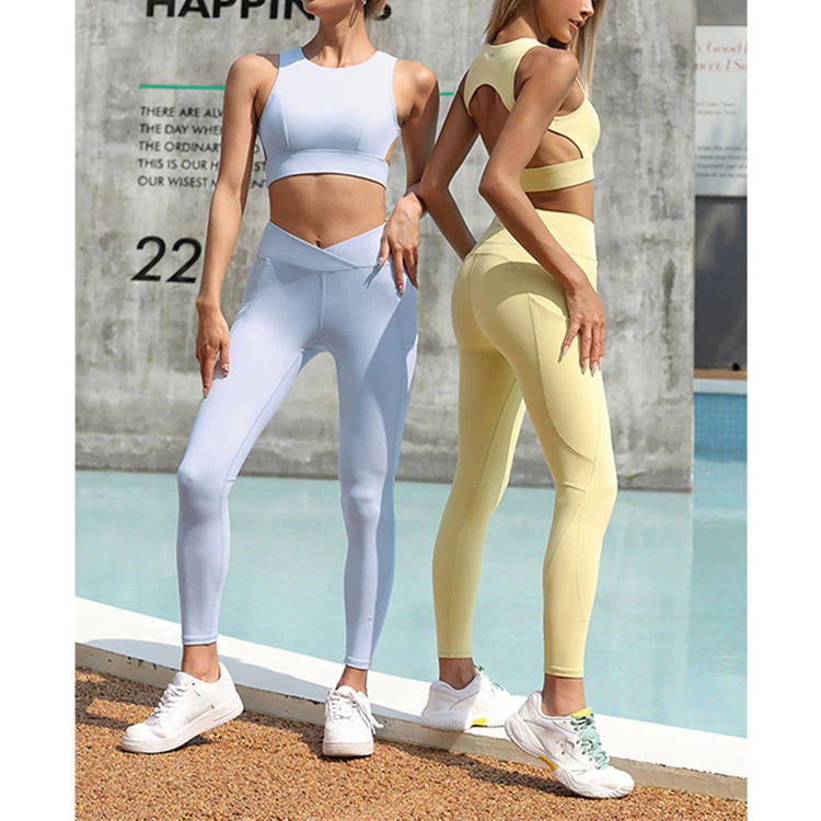 High Quality Cut Out Back Crop Sports Bra High Waist Leggings 2 Piece Set Activewear Yoga Gym Workout Fitness Outfits Women