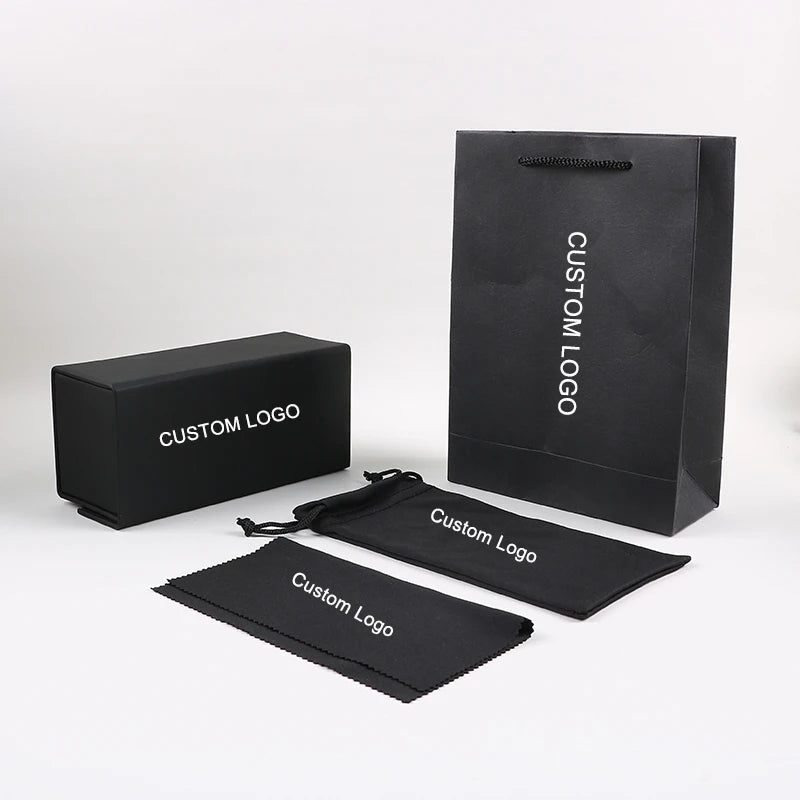 PU Box Sunglasses Case Set Stock Eyeglasses Case & Bag Custom Logo Luxury Popular Black Glasses Packaging