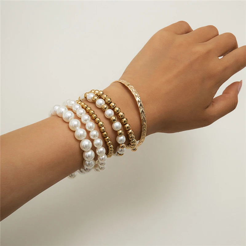 6 Pieces Jewelry Hot Sale Ins New Fashion Bohemian Adjustable Handmade Pearl Beaded Bracelet Bangles for Women