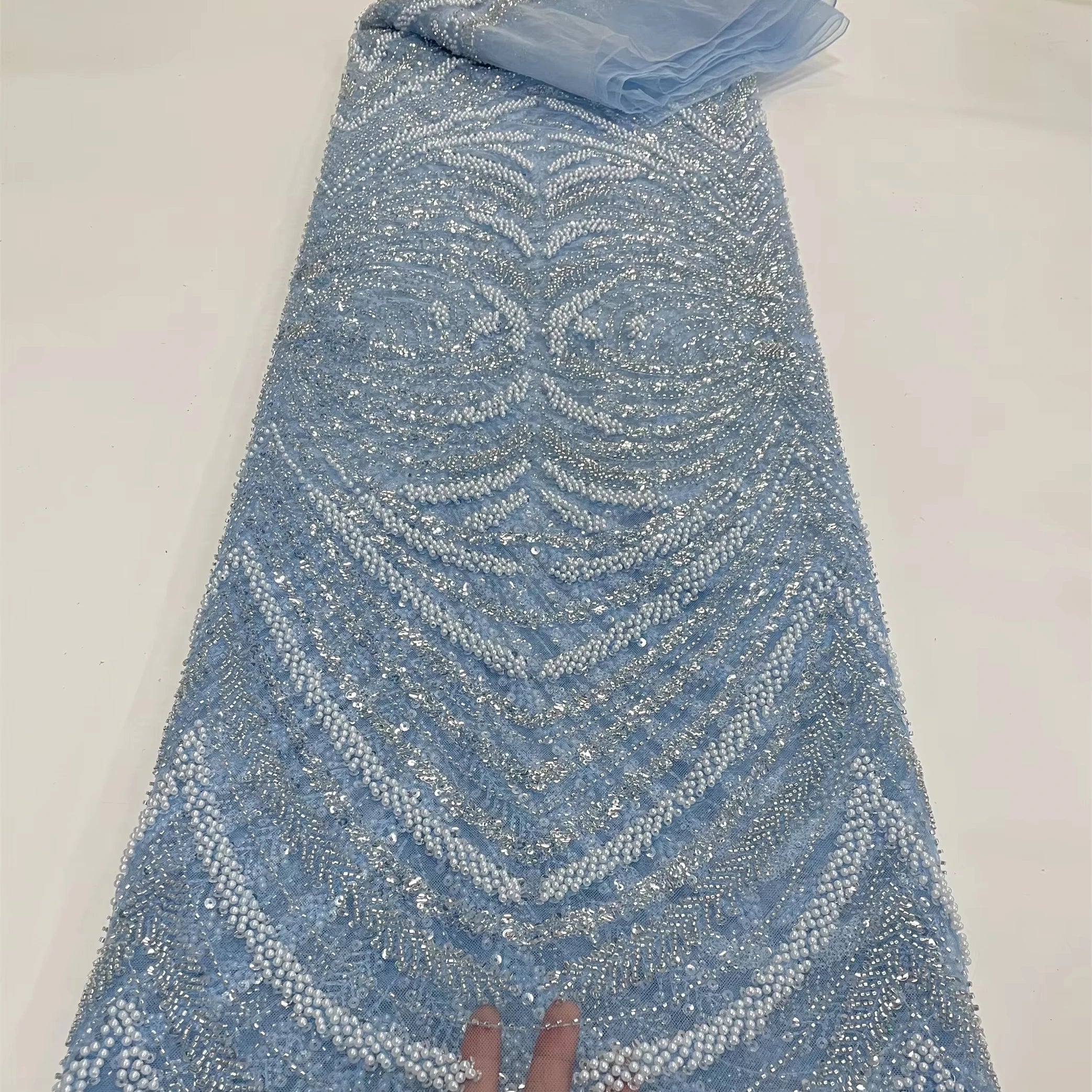 HY2282 Luxury Blue Heavy Pearl 3d Beads African Aso Ebi Lace Fabric Wholesale for Women Dress