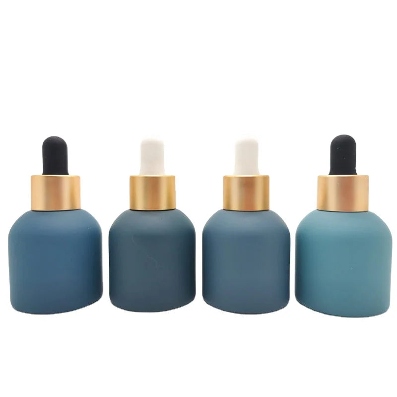 New Arrival 30ml 1oz Matte Peacock Blue Round Shoulder Glass Bottle With Dropper Cap Essential Oil and Cosmetic Serum Packaging