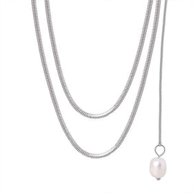 Hip Hop Style Personalized Design Fashion Jewelry 18k Gold Plated Stainless Steel Double Layers Pearl Sweater Chain Necklace