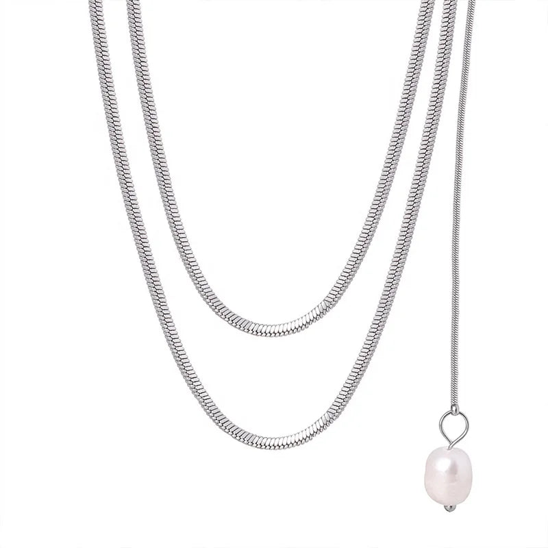 Hip Hop Style Personalized Design Fashion Jewelry 18k Gold Plated Stainless Steel Double Layers Pearl Sweater Chain Necklace