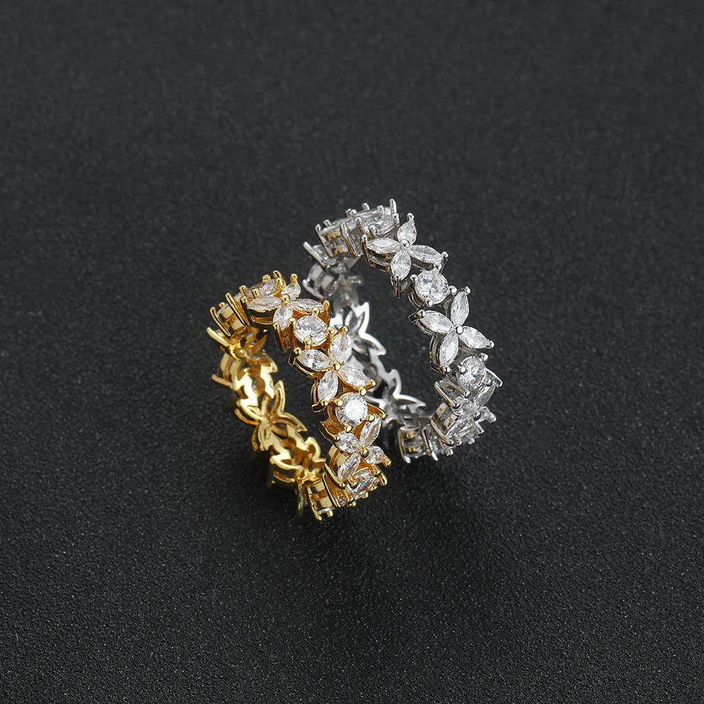 European and American Hip Hop Copper Encrusted Zircon Flower Ring Explosive Classic Zircon Ladies Flower Ring