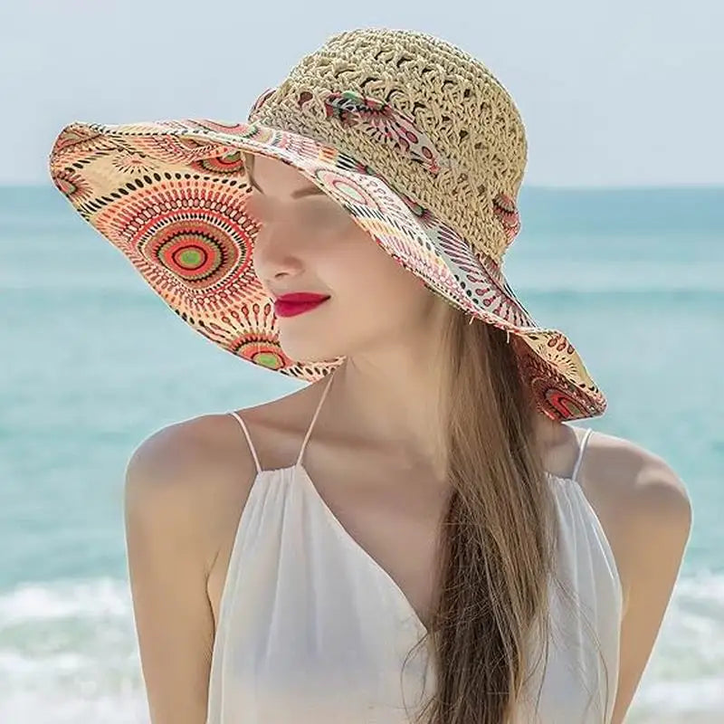 Visor Hat Travel  Outdoors Bohemian Floral Floppy Summer Beach Cap UV Protection Wide Brim Folding Straw Sun Hat