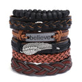 Wholesale Vintage Metal Wing and Believe Charm Bracelet Handmade Woven Leather Bracelet for Men and Women Fashionable Jewelry