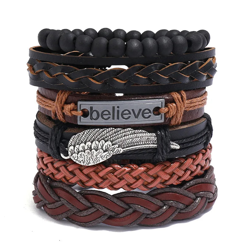 Wholesale Vintage Metal Wing and Believe Charm Bracelet Handmade Woven Leather Bracelet for Men and Women Fashionable Jewelry
